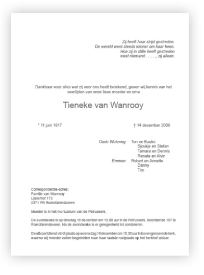 Layout type 01 rouwkaart tekst voorbeeld "avondwake en uitvaartdienst"