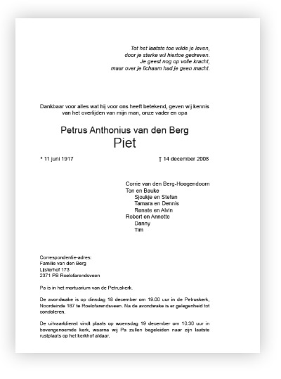Layout type 04 rouwkaart tekst voorbeeld "avondwake en condoleren"