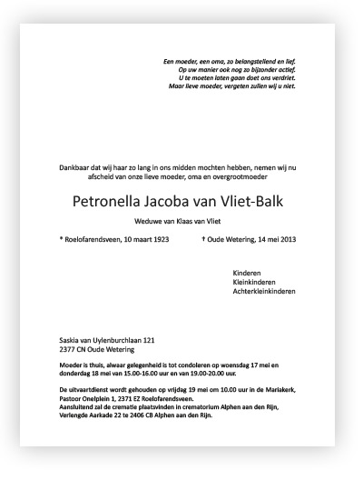 Layout type 06 rouwkaart tekst voorbeeld "moeder is thuis"