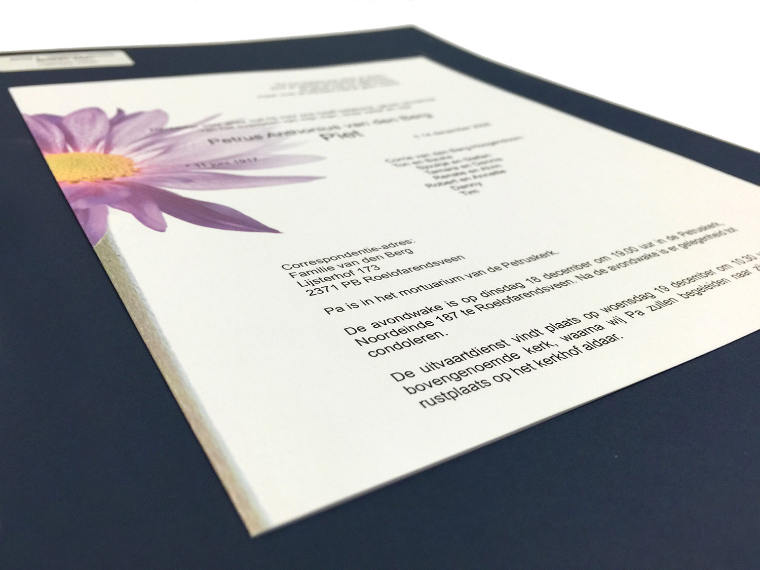 Paarse gerbera, rouwkaart voorbeeld